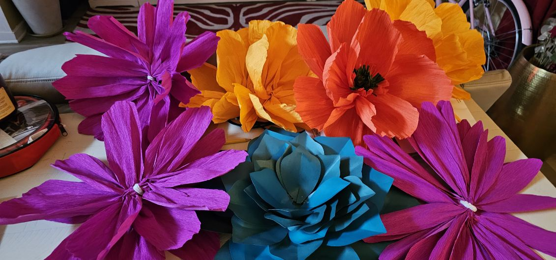 Close-up of bright handmade crepe paper flowers