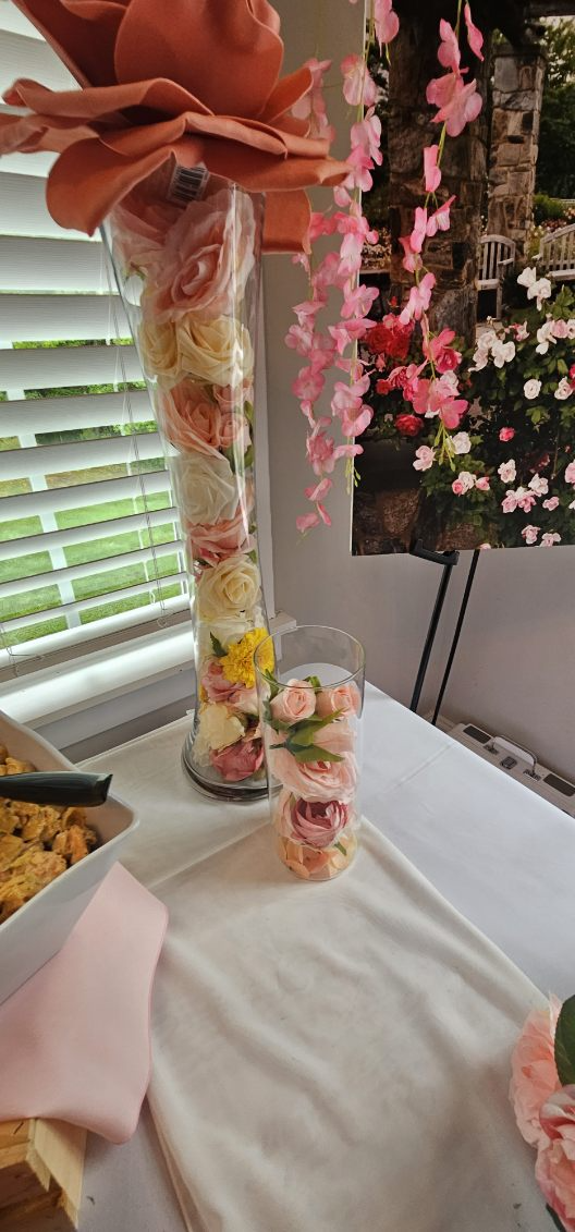 Peach fabric rose and pink floral centerpiece