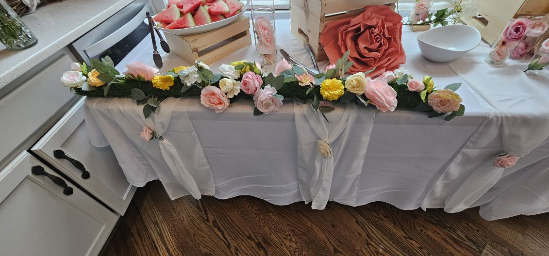 Finished pink and white floral tablescape